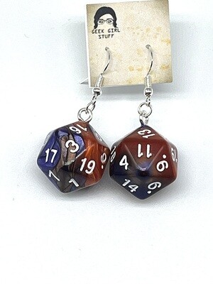 Dice Earrings - Blue and Orange marbled with white numbers