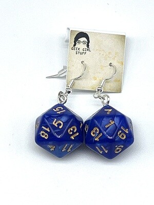 Dice Earrings - Blue marbled with gold numbers