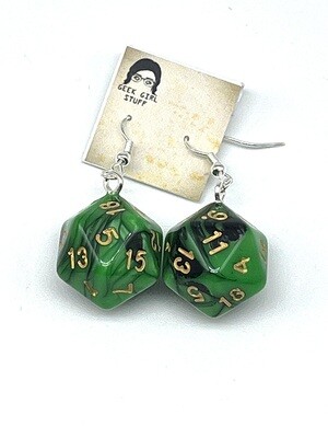 Dice Earrings - Green and Black marbled with gold numbers