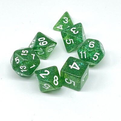 Dice Set - Clear with green glitter with white numbers