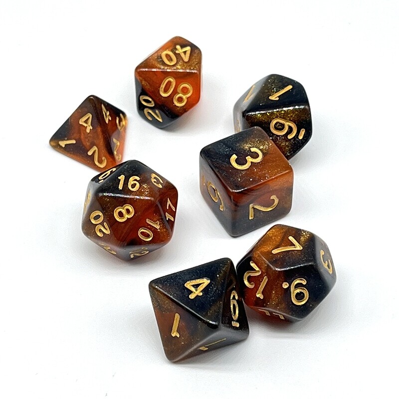 Dice Set - Black and Orange sparkly with gold numbers