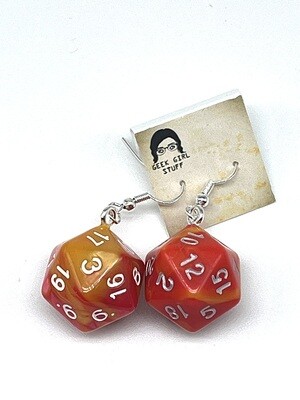 Dice Earrings - Red and Yellow marbled with gold numbers