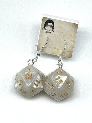 Dice Earrings - White marbled with gold numbers