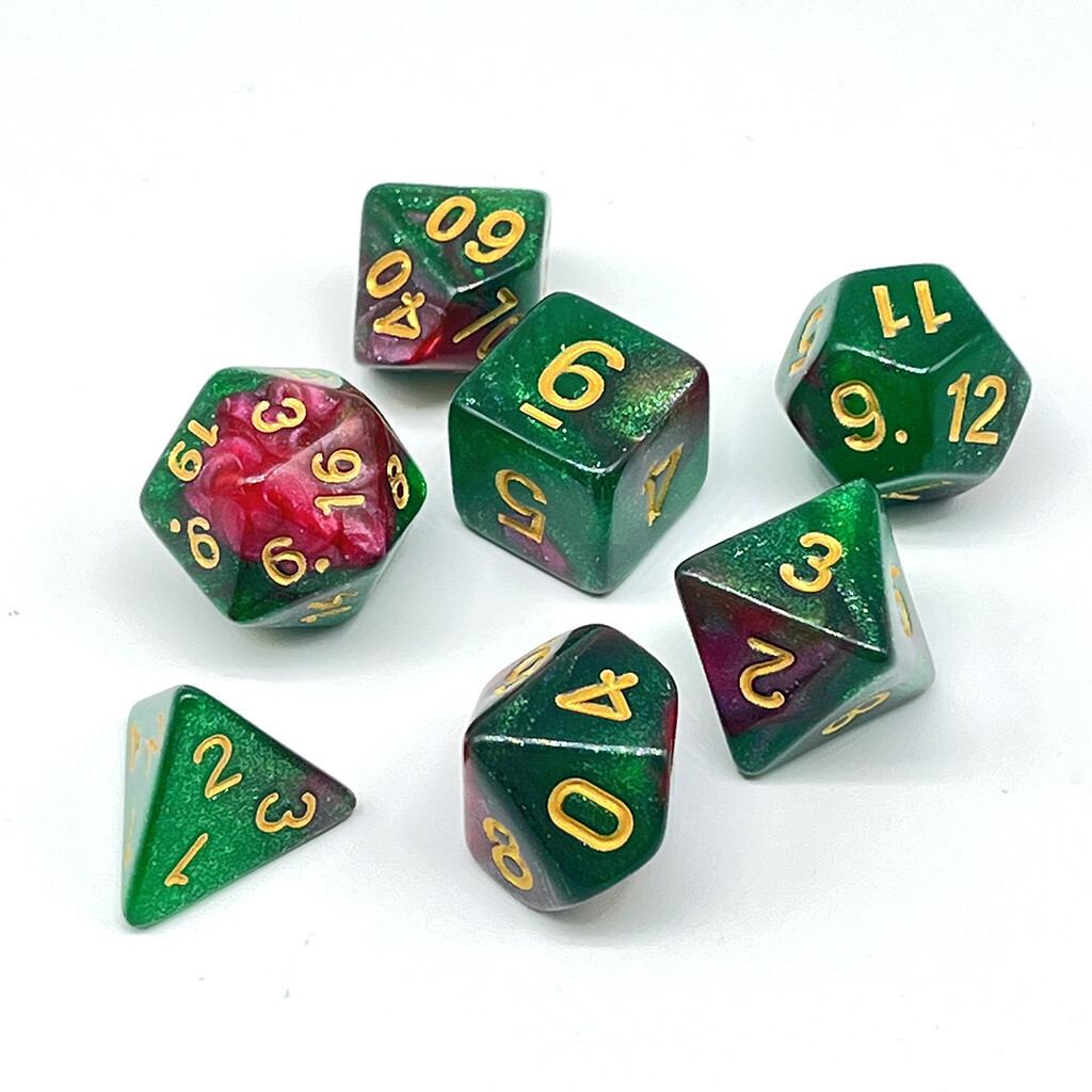 Dice Set - Green sparkly and Red marbled with gold numbers