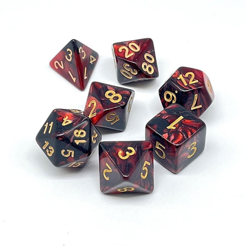 Dice Set - Red and Black marbled with gold numbers