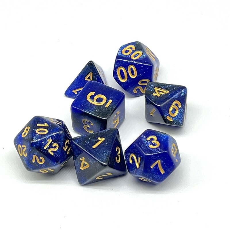 Dice Set - Black and Blue sparkly with gold numbers