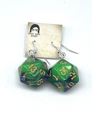 Dice Earrings - Green and Blue marbled with gold numbers