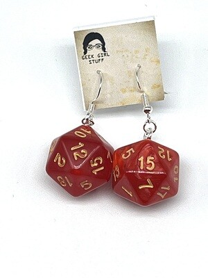 Dice Earrings - Red marbled with gold numbers