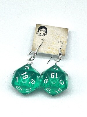 Dice Earrings - Teal transparent with white numbers