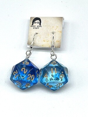Dice Earrings - Dual-tone Blue transparent with gold numbers