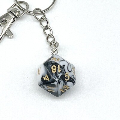 D20 Keychain - Black and White marbled with gold numbers
