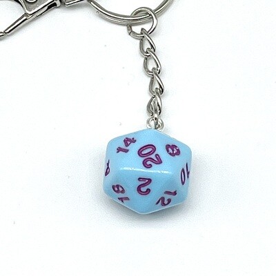 D20 Keychain - Light Blue solid with purple numbers