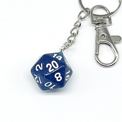 D20 Keychain - Blue sparkly with white numbers