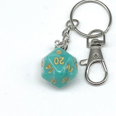 D20 Keychain - Teal marbled with gold numbers