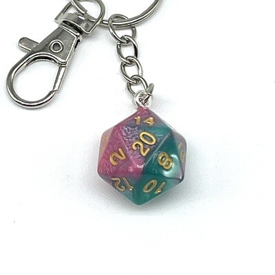 D20 Keychain - Pink and Green marbled with gold numbers