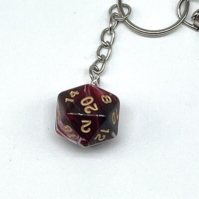 D20 Keychain - Red and Black marbled with gold numbers