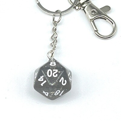 D20 Keychain - Clear with glitter with white numbers