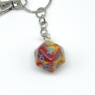 D20 Keychain - Red and Yellow marbled with blue numbers