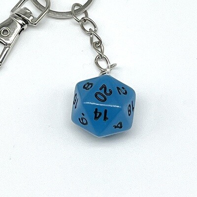 D20 Keychain - Blue Glow in the Dark with black numbers