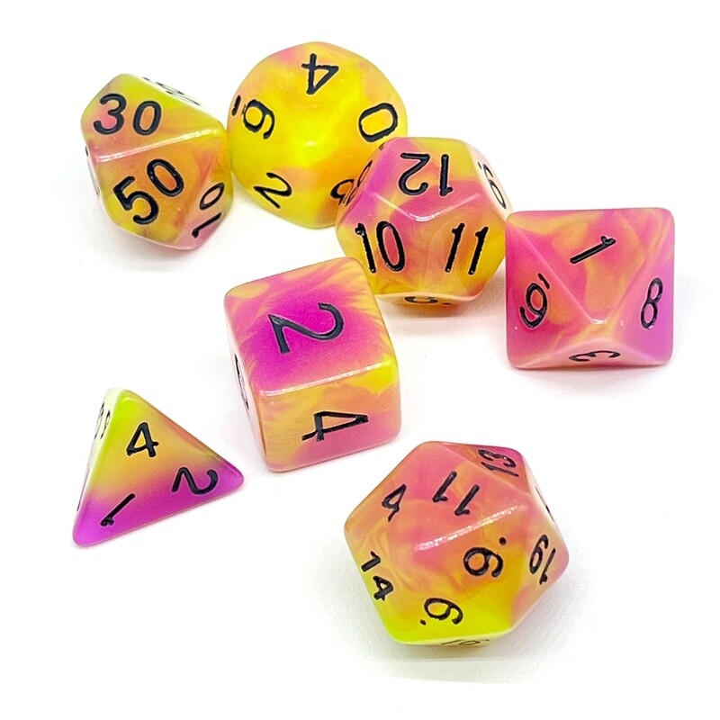 Dice Set - Magenta and Yellow Glow In The Dark with black numbers