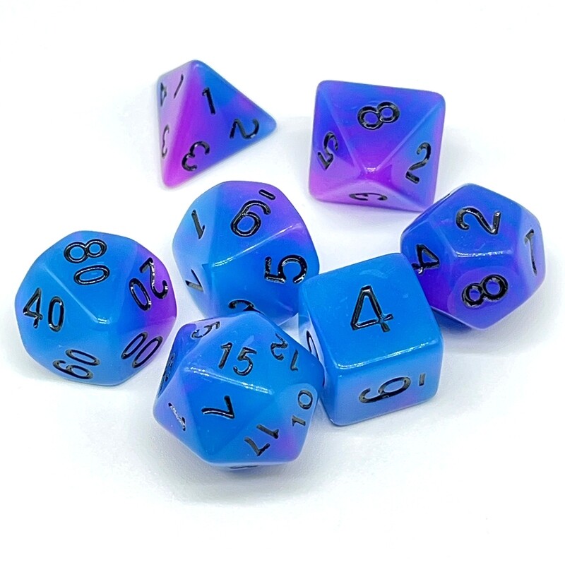 Dice Set - Blue and Purple Glow In The Dark with black numbers
