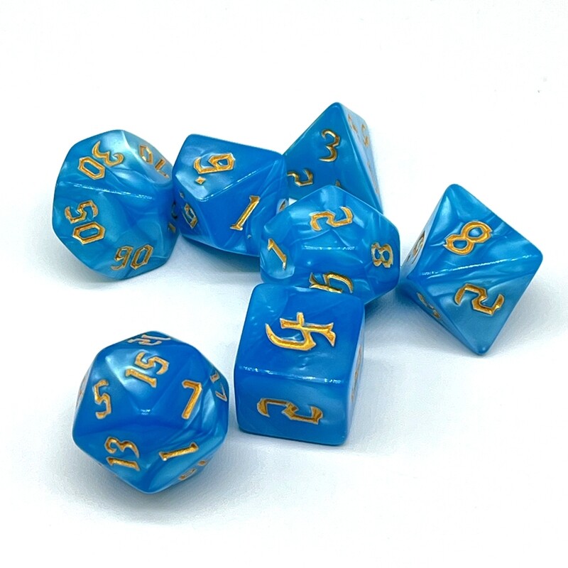 Dice Set - Blue and White marbled with gold numbers