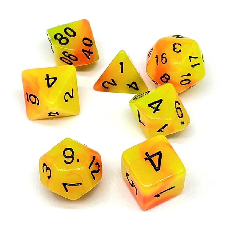 Dice Set - Orange and Yellow Glow In The Dark with black numbers