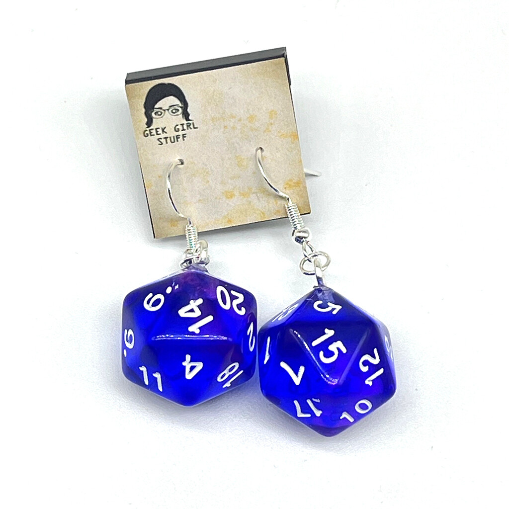Dice Earrings - Dark blue transparent with white numbers