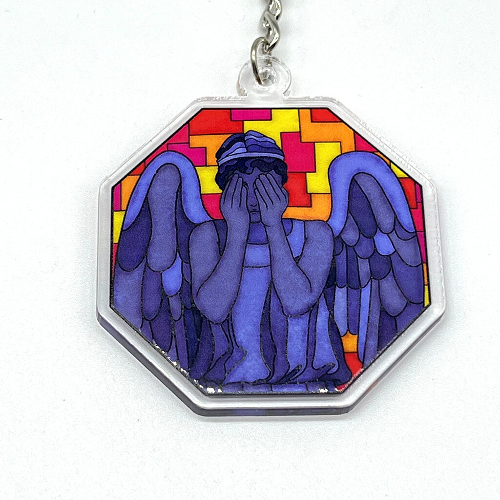 Weeping Angel Stained Glass acrylic charm keychain, zipper clip