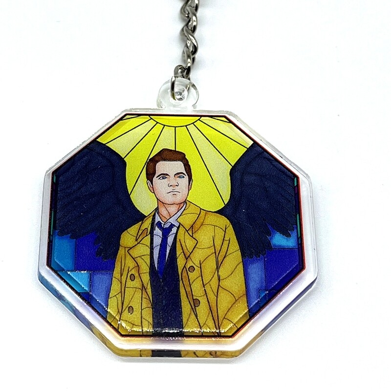 Castiel Stained Glass acrylic charm keychain, zipper clip
