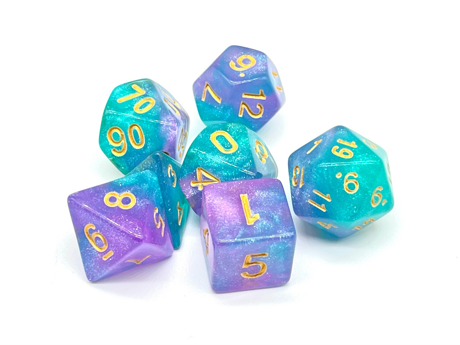 Dice Set - Teal and purple sparkly with gold numbers
