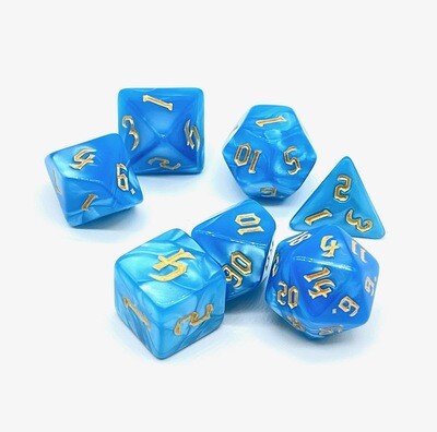 Dice Set - Light blue marbled with gold numbers