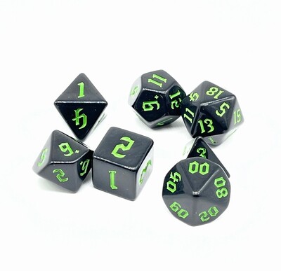 Dice Set - Black solid with green numbers