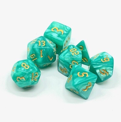 Dice Set - Teal marbled with gold numbers