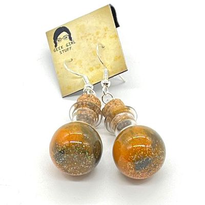 Potion Earrings - Orange and Black, round sphere bottle