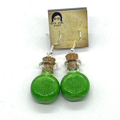 Potion Earrings - Green, flat round bottle