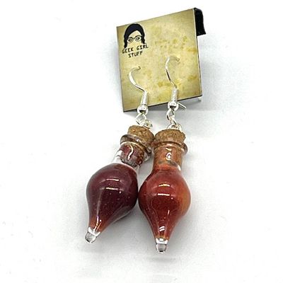 Potion Earrings - Maroon and gold, point bottle