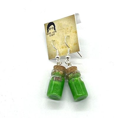 Potion Earrings - Green, short cylinder bottle