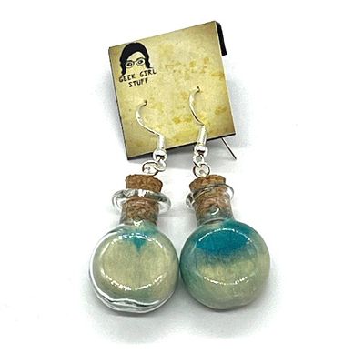 Potion Earrings - Light Blue and White, round flat bottle
