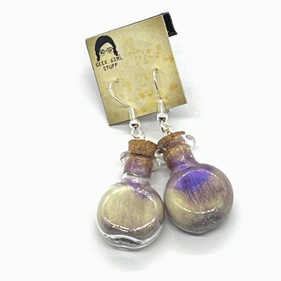 Potion Earrings - Purple and White, round flat bottle