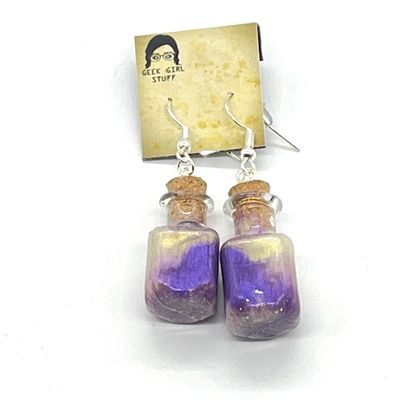 Potion Earrings - Purple and White, square bottle