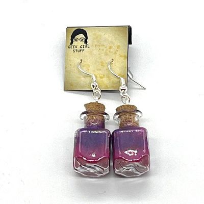 Potion Earrings - Fuchsia and Lavender, square bottle