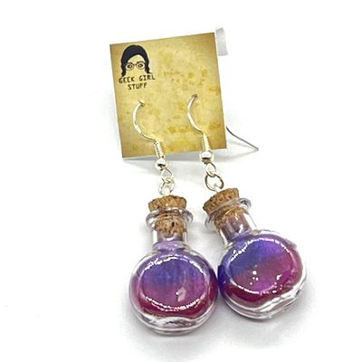 Potion Earrings - Fuchsia and Lavender, round flat bottle