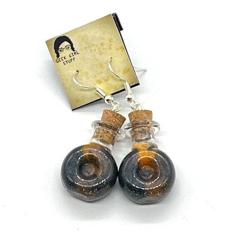 Potion Earrings - Black and Orange, indented round flat bottle