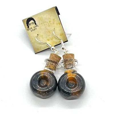 Potion Earrings - Black and Orange, indented round flat bottle