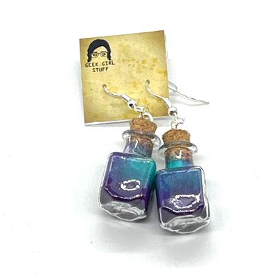 Potion Earrings - Purple and Teal, square bottle