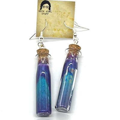 Potion Earrings - Purple and Teal, long cylinder bottle