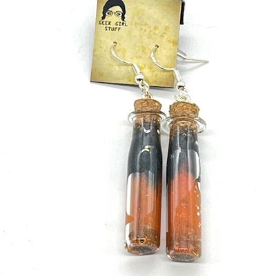 Potion Earrings - Black and Orange, long cylinder bottle