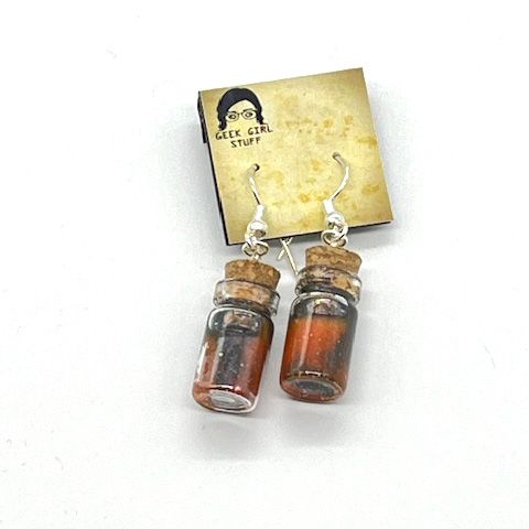 Potion Earrings - Black and Orange, short cylinder bottle