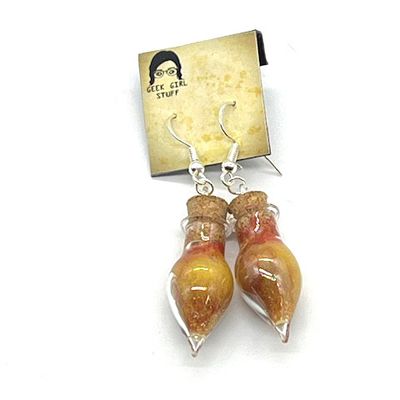 Potion Earrings - Gold and Orange, drop bottle